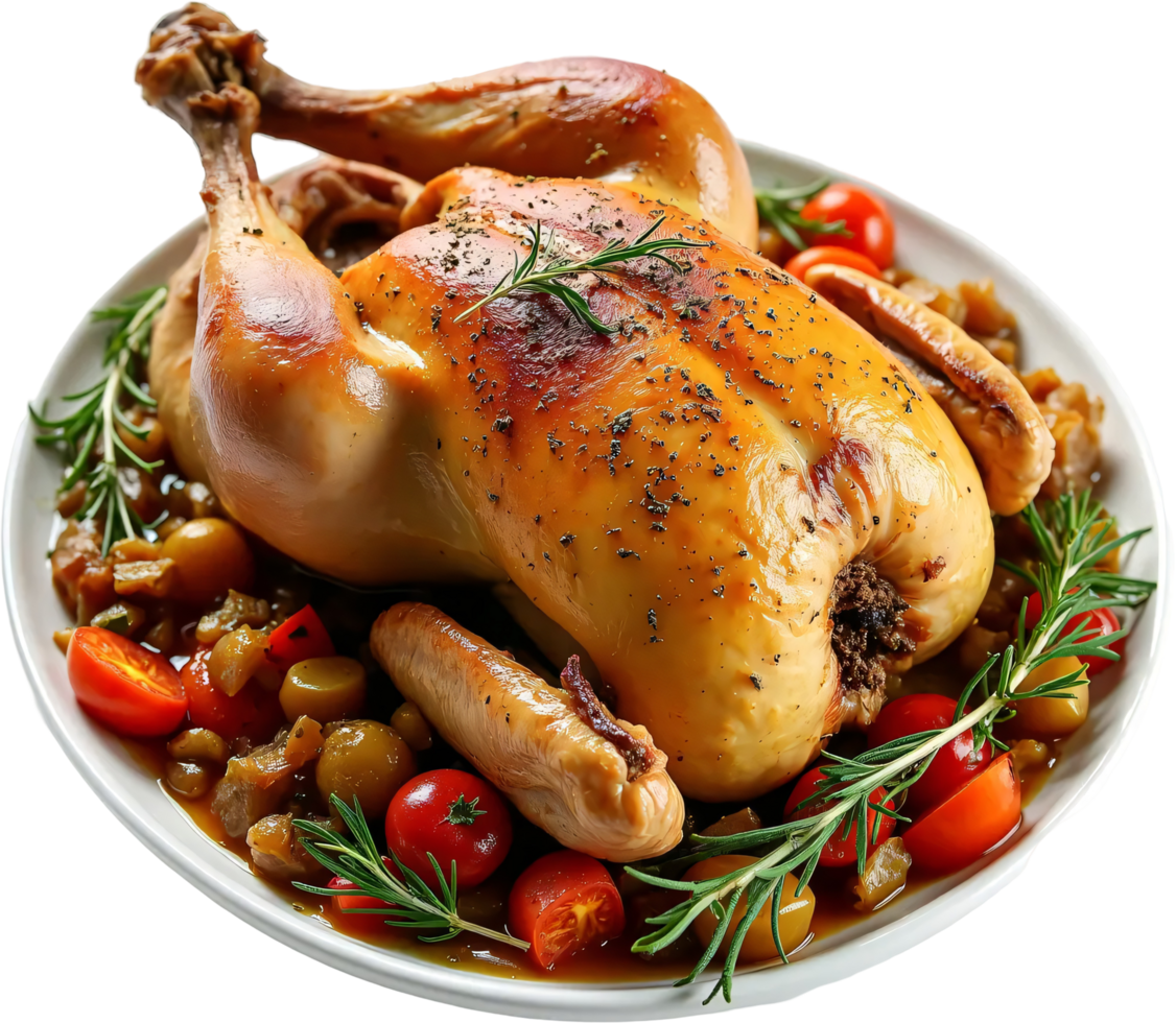 Succulent Roasted Chicken Served on a Plate Overflowing with Fresh Vegetables png