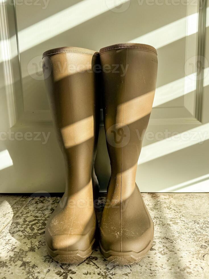 Pair of brown rubber boots standing in sunlight with shadow patterns on floor. High quality photo