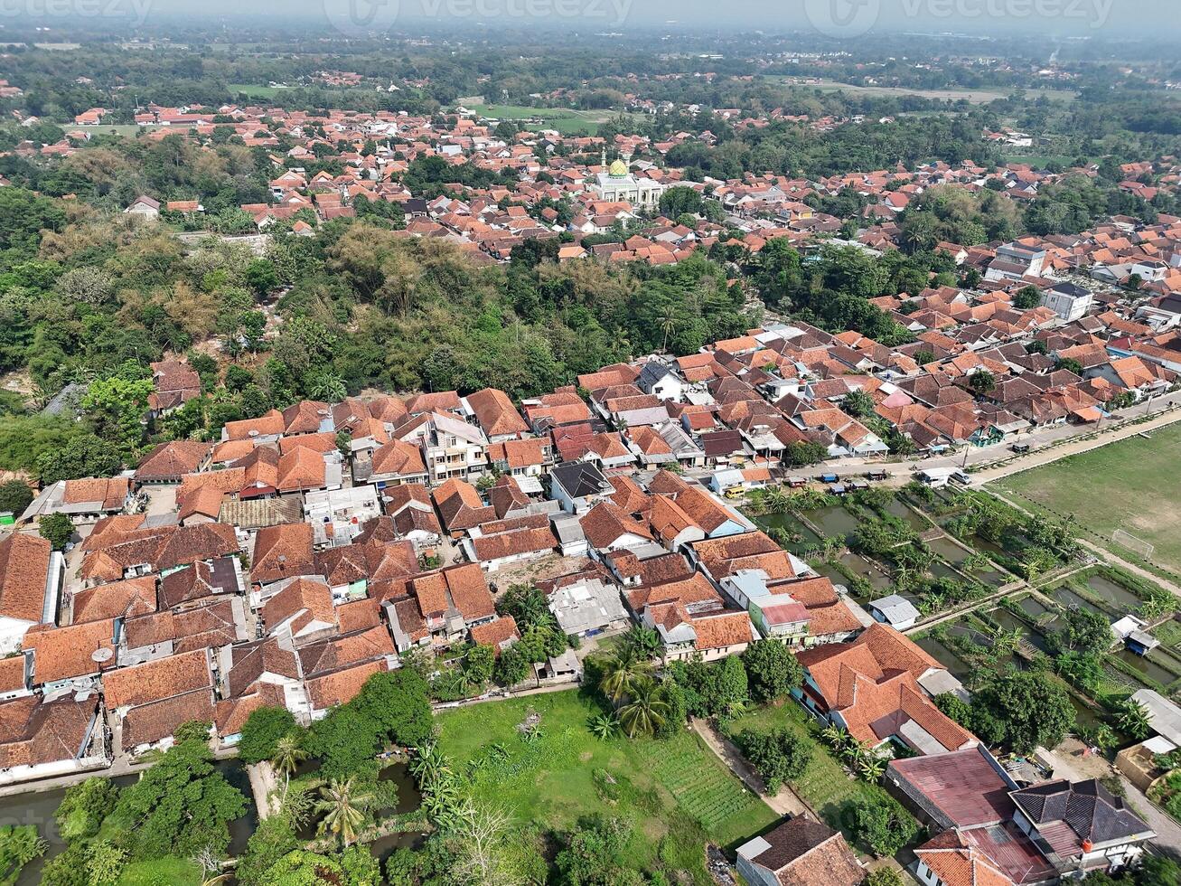 aerial view of a village in the countryside. rice fields around the village. photo
