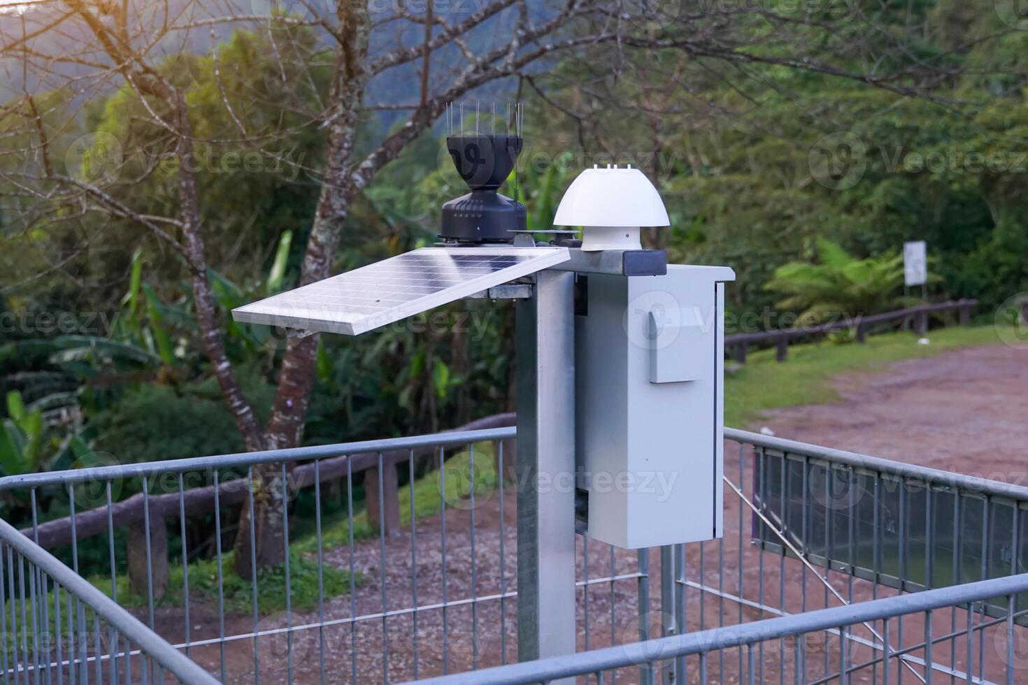 The solar automatic telemetry station is installed high on a mountain to measure climate data, rainfall, and water levels in upstream forest areas. photo
