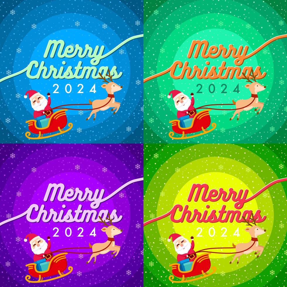 This Christmas 2024 design features Santa on a sleigh, reindeer, snowman, and festive trees under snowy skies. vector