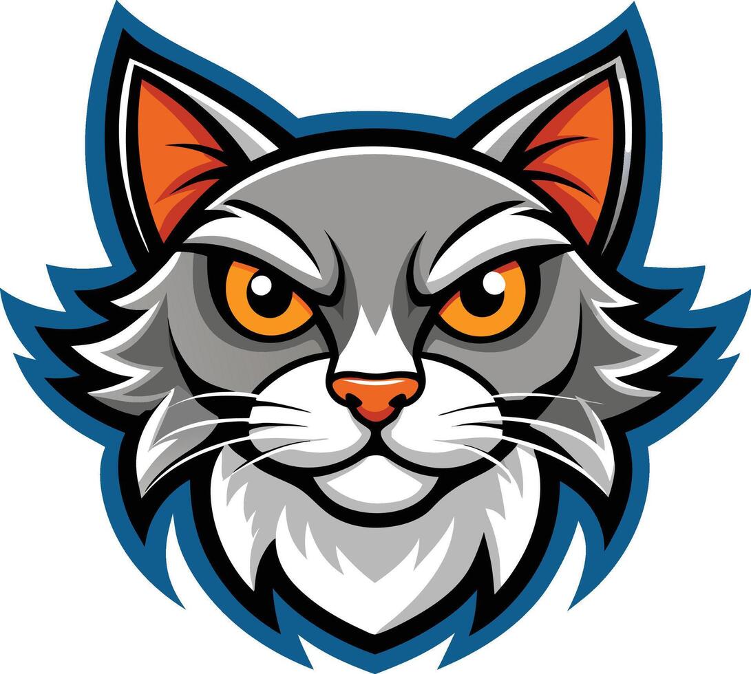 an angry gray cat mascot head with orange eyes vector