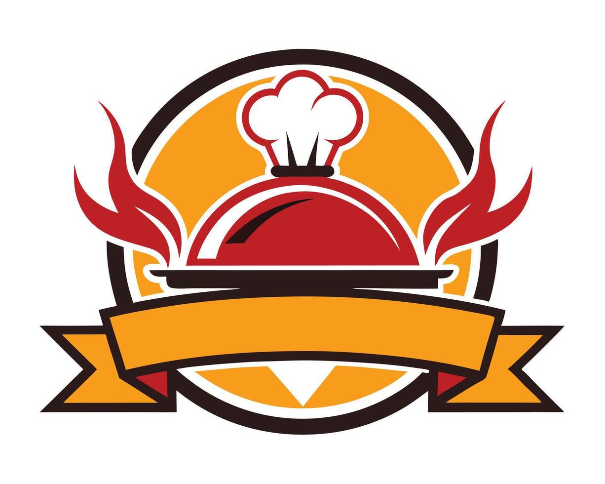 a chef's hat on a plate with flames and a banner vector