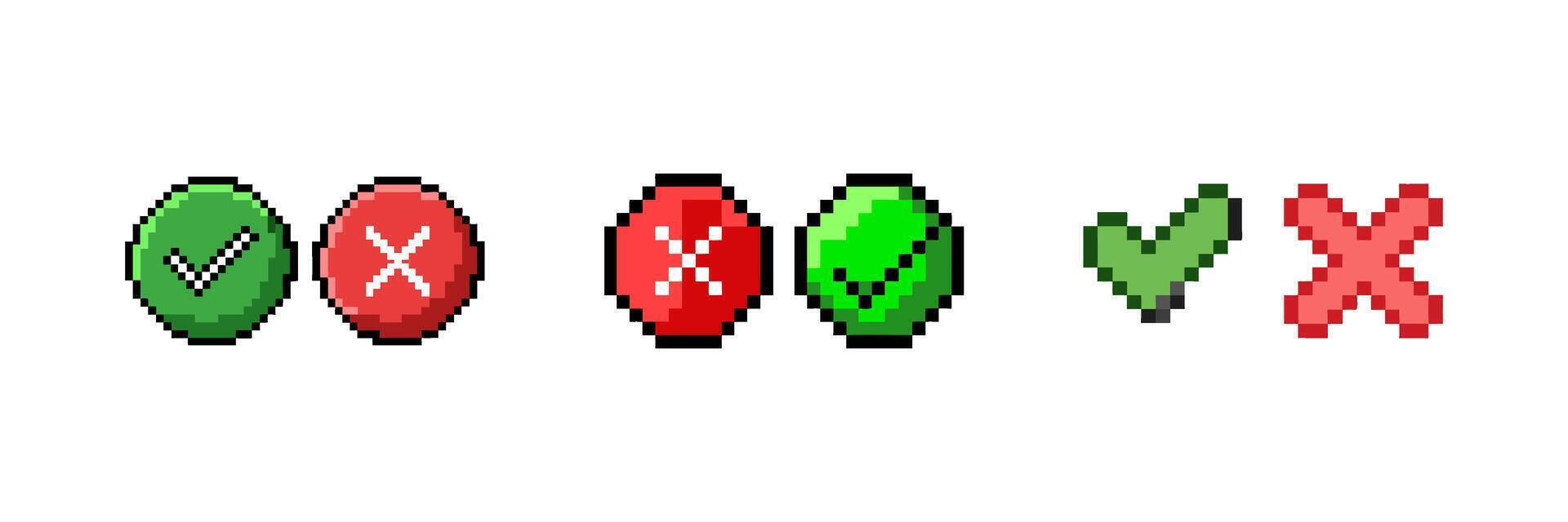Pixel cross and check mark icon set in 8-bit retro style. Simple buttons, perfect for retro-themed designs, games, and user interfaces. Isolated flat illustrations for versatile use. vector