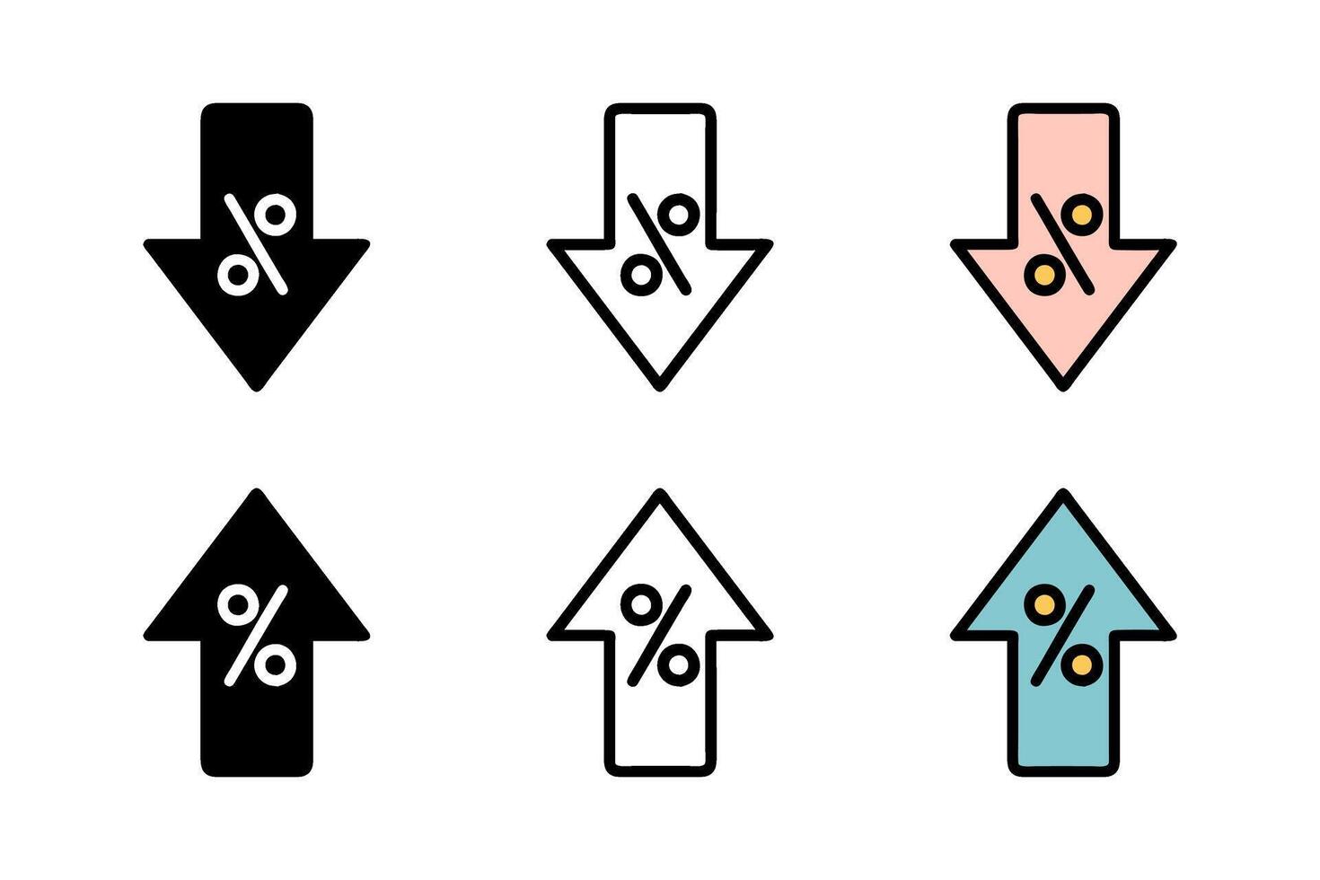Percent arrow icon in several styles, representing business and financial concepts. Flat design, ideal for illustrating percentage changes, growth, and trends in reports, apps, and web projects vector