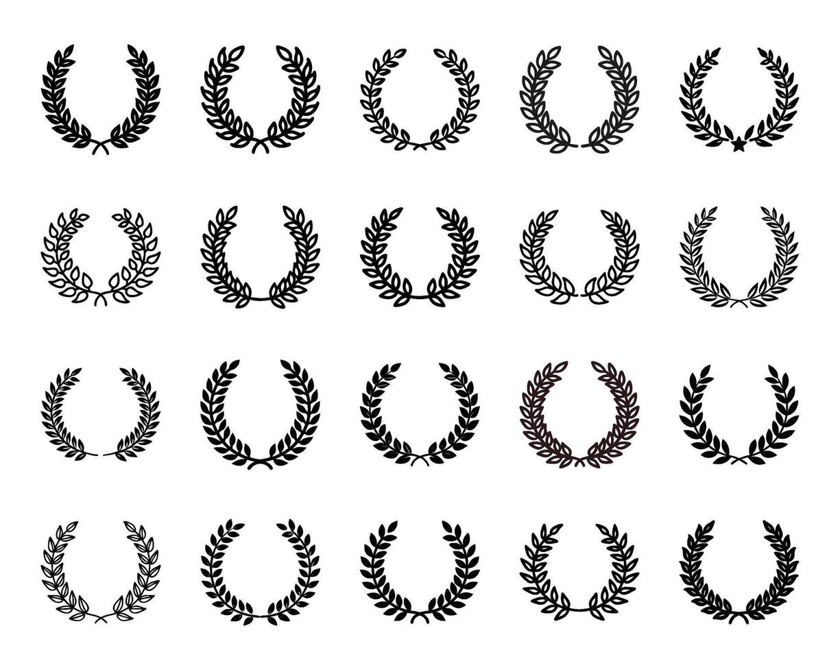 Laurel wreath icon set featuring award chaplet symbols. Simple illustrations, perfect for representing victory, achievement, and honor in designs for logos, certificates, and badges. Flat style vector