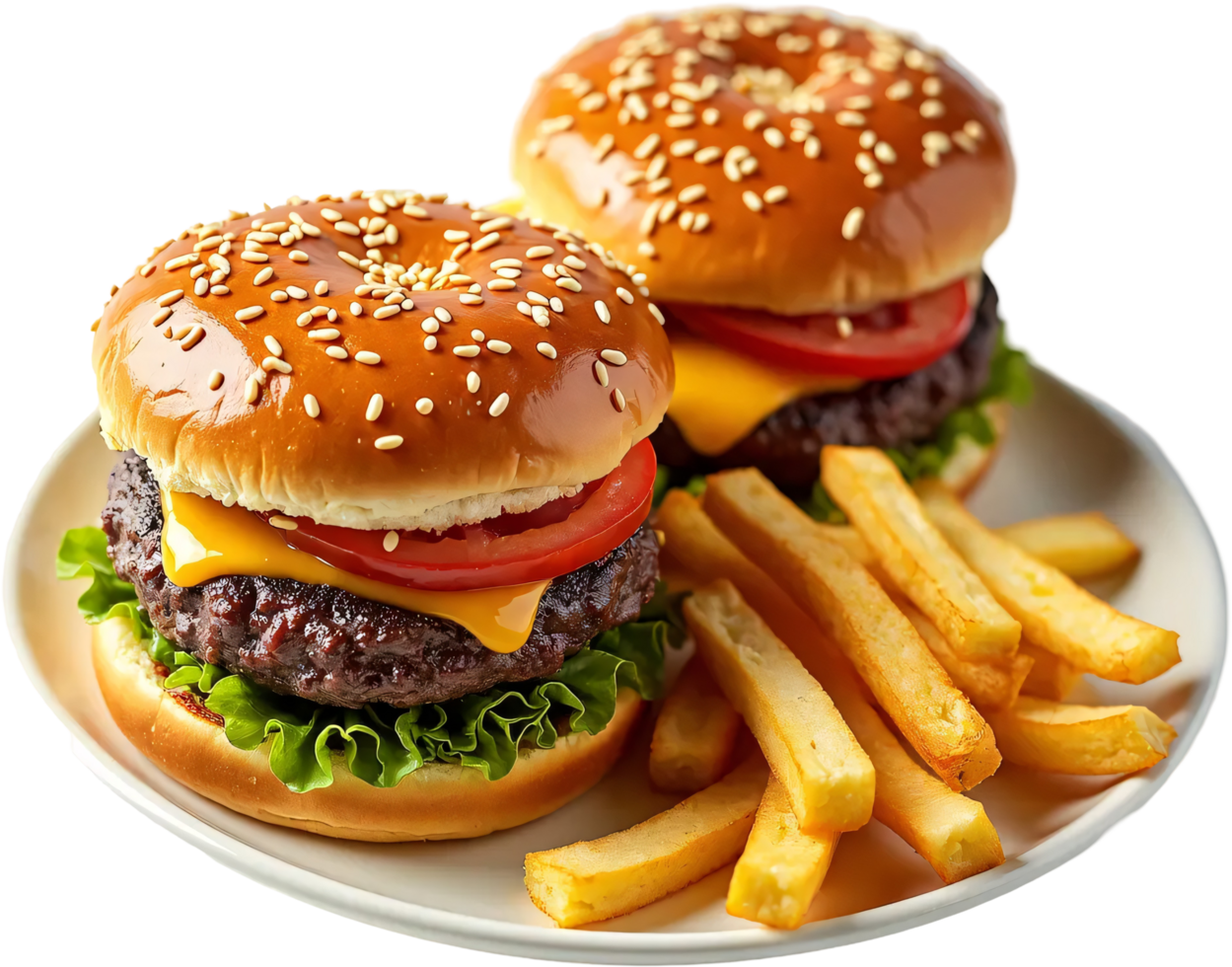 Delicious Cheeseburgers with Crispy Fried Potatoes for Mouthwatering Fast Food Imagery png
