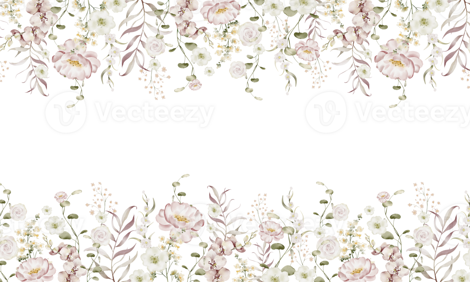 Watercolor Floral banner with dim roses and leaves eucalyptus. Hand-drawn of elegant botanical background on for greeting cards or invitations on Valentines Day. Luxurious framework for Wedding cards. png