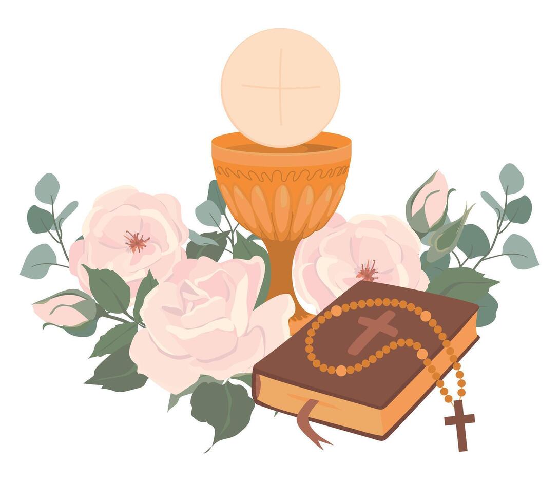 Golden cup, Bible and bread. icon of the first communion. The main symbols of Christianity are the sacrifice of Jesus Christ. Grail and church bread. The altar is decorated with flowers. vector