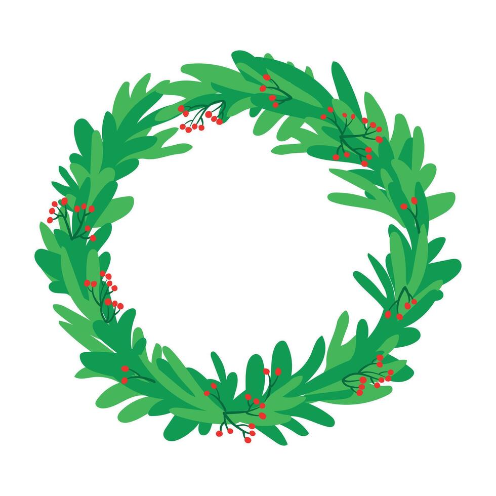Christmas wreath of evergreen branches on a white background. Green fir branches and red berries. round frame of green leaves, red berries. Winter Christmas holidays 2024. vector