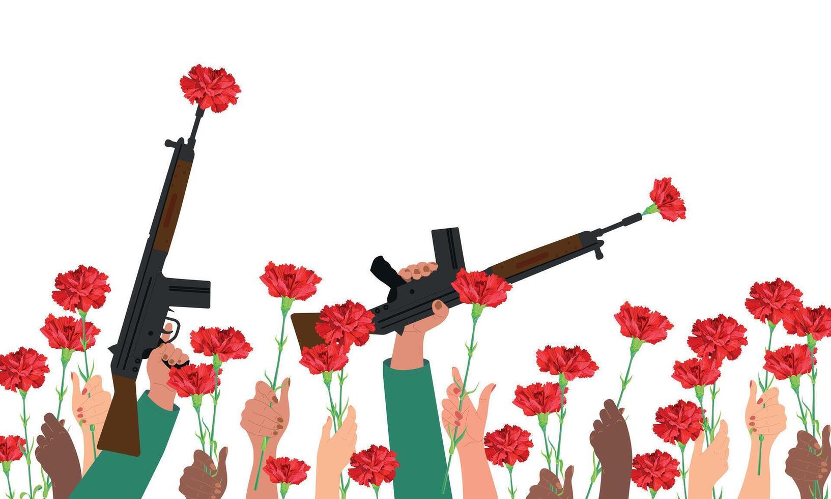 Festive composition for Portugal's Freedom Day. A red carnation is inserted into a rifle barrel. Symbol of victory and revolution. People are holding red flowers in their hands. vector