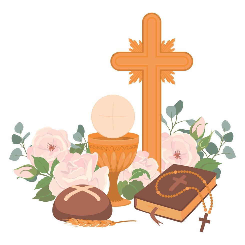 Symbols of the First Communion. . Golden wine cup, Grail, bread, Bible, rosary, wine, white roses and crucifix. Festively decorated altar. Symbolizes the sacred sacrifice of Jesus Christ. vector