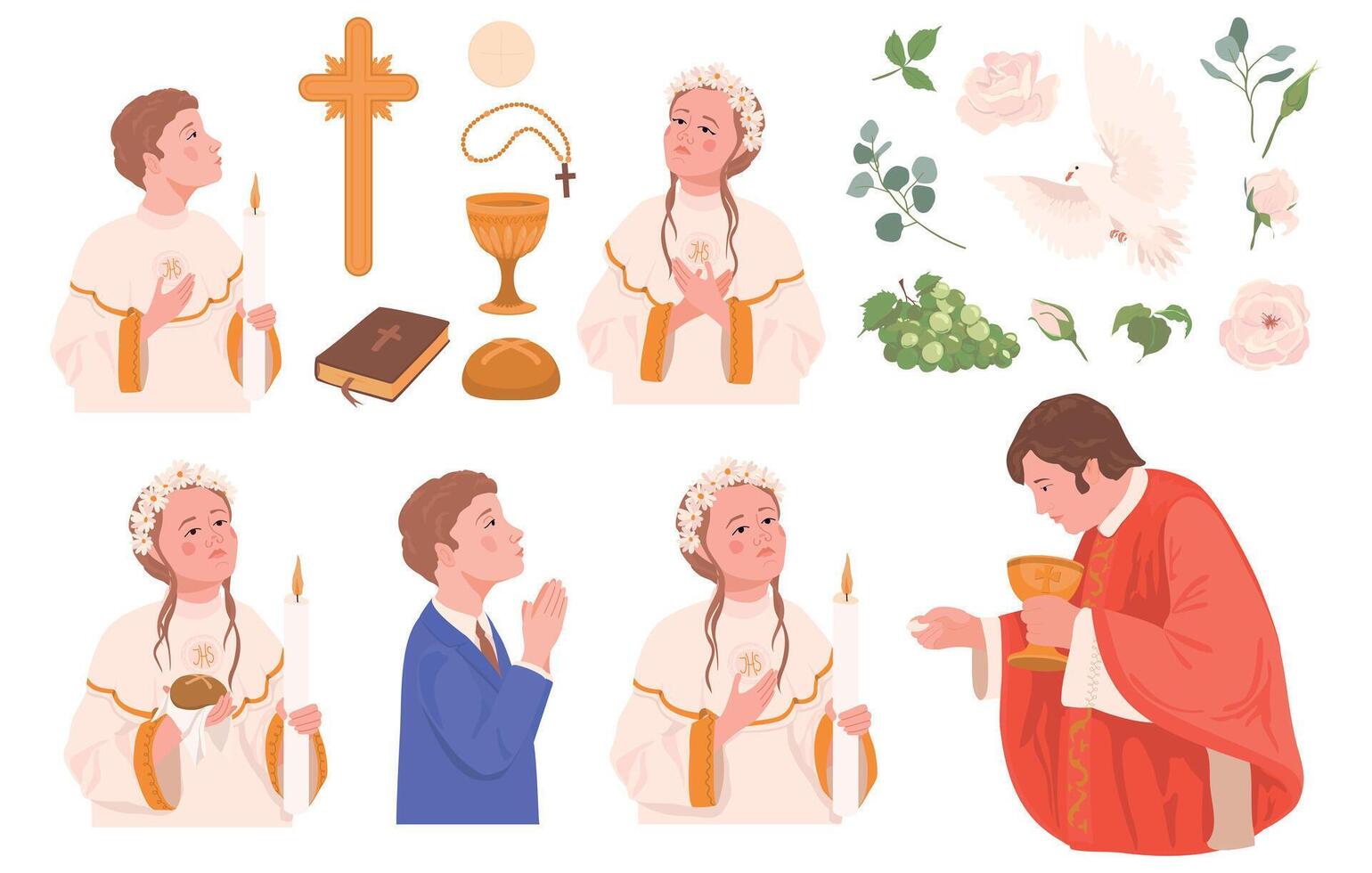 set of First Communion clip art. Boy and girl praying, priest conducting Eucharist. Grail, church bread, Bible, rosary, white dove, crucifix, flowers, decorated altar. Symbols of Christianity. vector