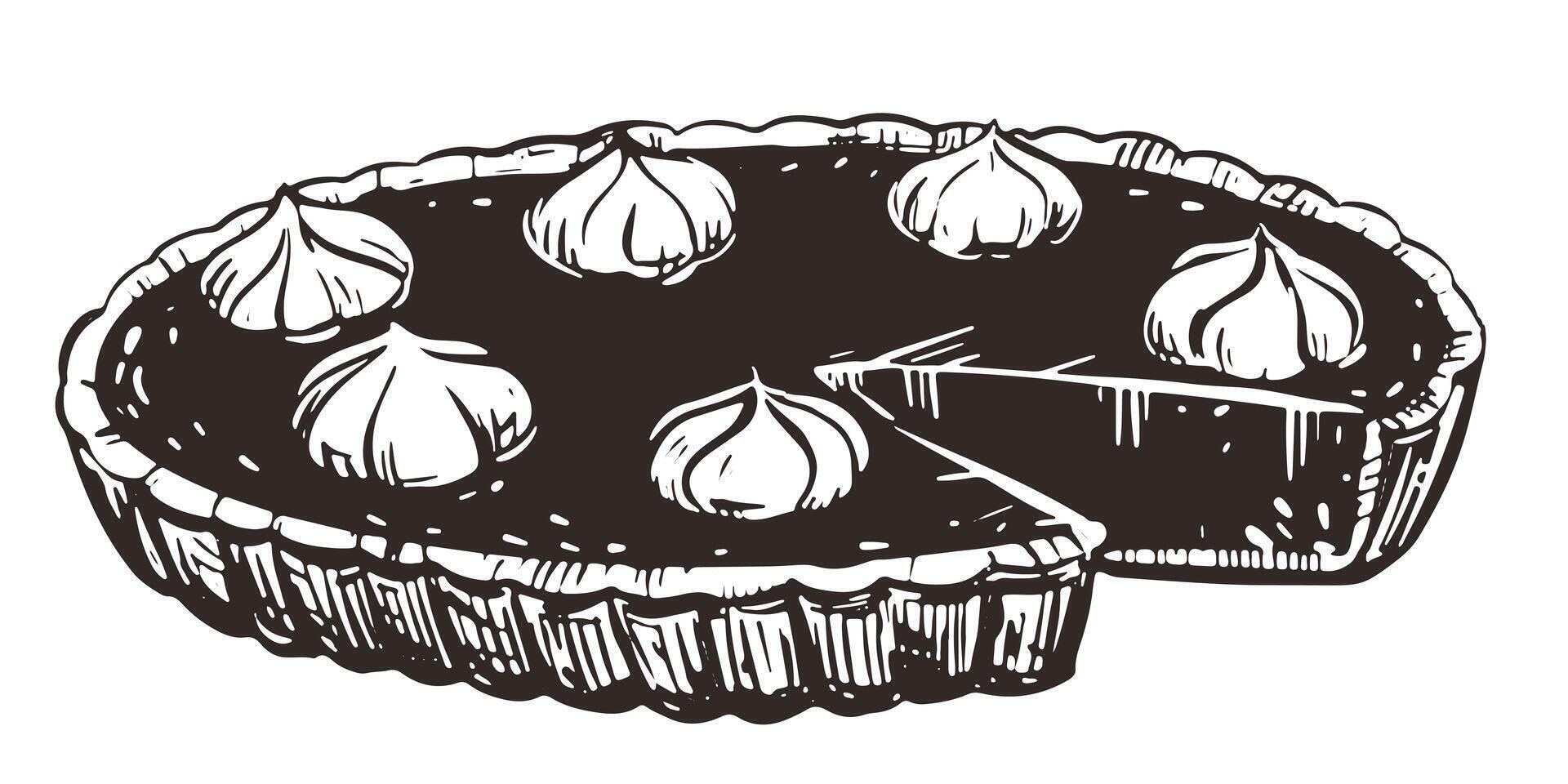 Autumn pumpkin pie with whipped cream. Traditional baking for Thanksgiving and Halloween. illustration in hand-drawn sketch style. Line art in ink. vector