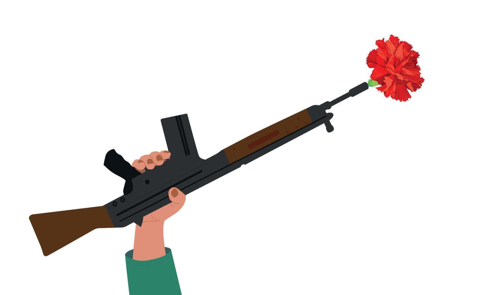 Hand with a rifle, a red carnation inserted into the barrel of the gun. Portugal's Freedom Day. Symbol of victory and revolution. vector
