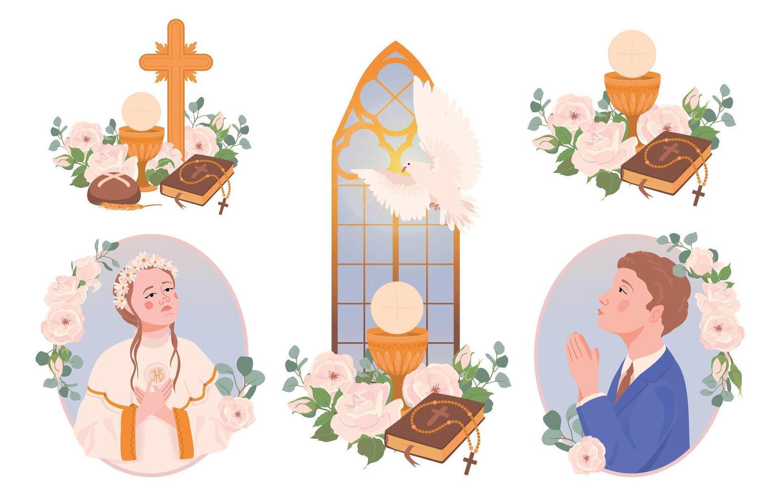 First Communion clipart set. compositions with church attributes. Boy and girl praying. Grail, church bread, wine, Bible, rosary, crucifix, flowers, decorated altar. Symbols of Christian faith. vector