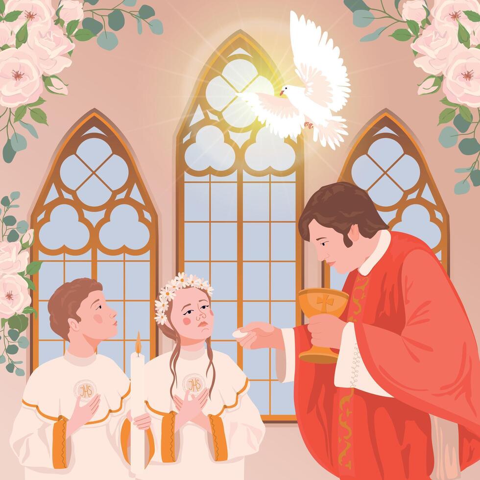 Children in the church during the first communion. The priest is holding bread. illustration. A ceremony in the Christian tradition, a member of the church receives the Eucharist. vector
