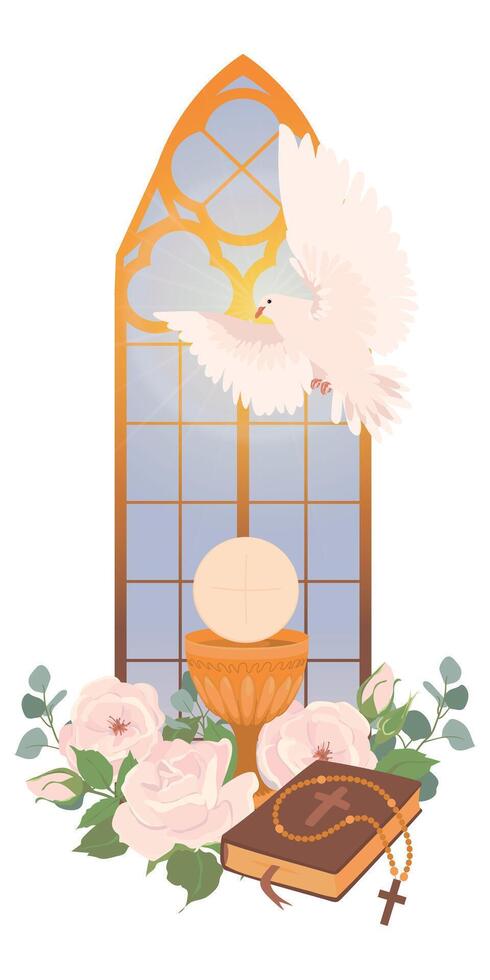 Decorated altar in the church. Elements for the first communion - bread, holy cup, wine. The presence of the holy spirit in the temple in the form of a white radiant dove. Greeting card design. vector