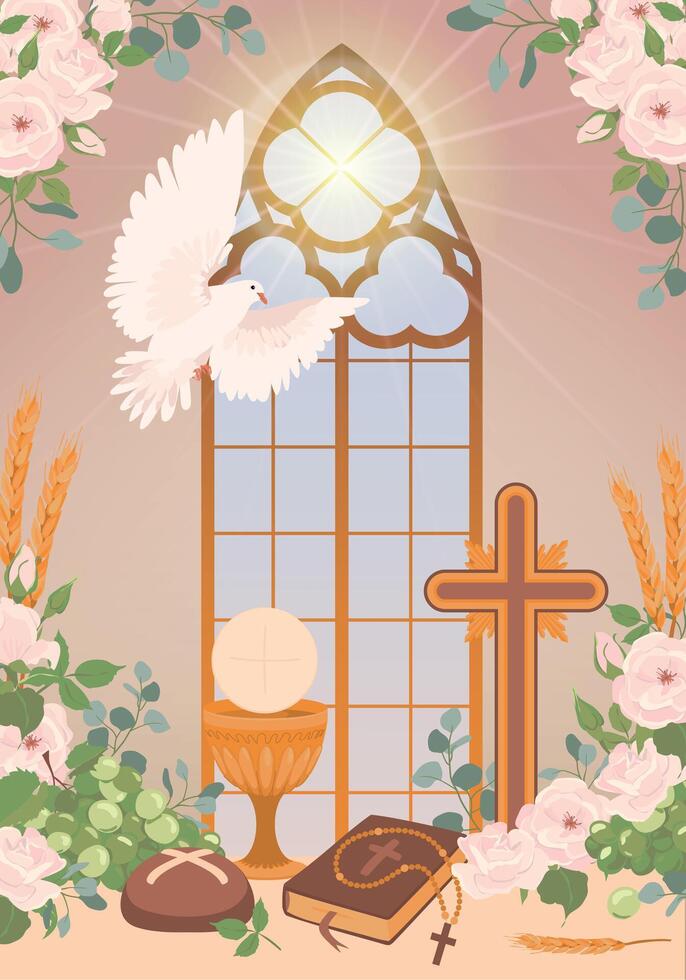 Elements for the first communion - bread, holy cup, wine. The presence of the Holy Spirit in the temple in the form of a white dove. Decorated altar in the church. Design of a greeting card or poster. vector