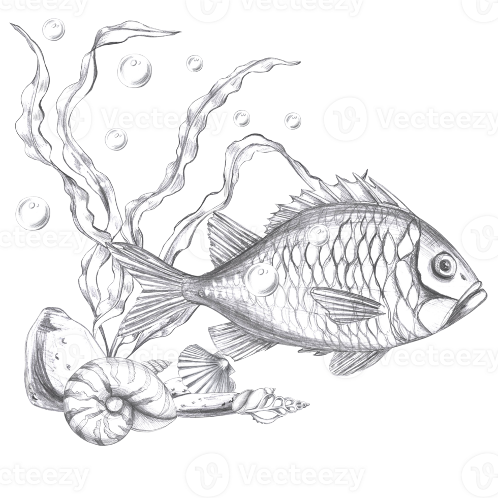 Sea bass in seaweed, shells, hand drawn pencil sketch. Isolated illustration in realistic style for fish restaurant design, menu, textile, printed products png