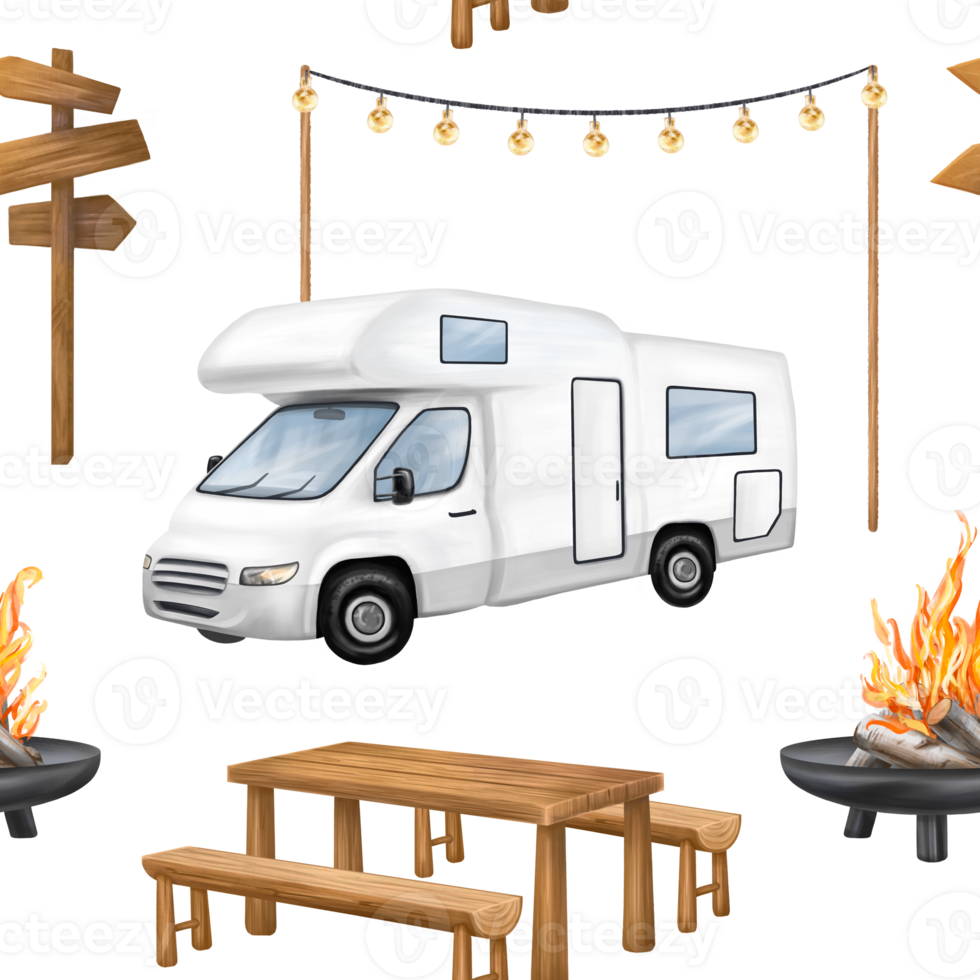 Seamless pattern with campground, wooden picnic table, white motorhome and campfire in forest among the cozy lamps. A tourist trip to nature, parks and nature reserves. Isolated illustration png