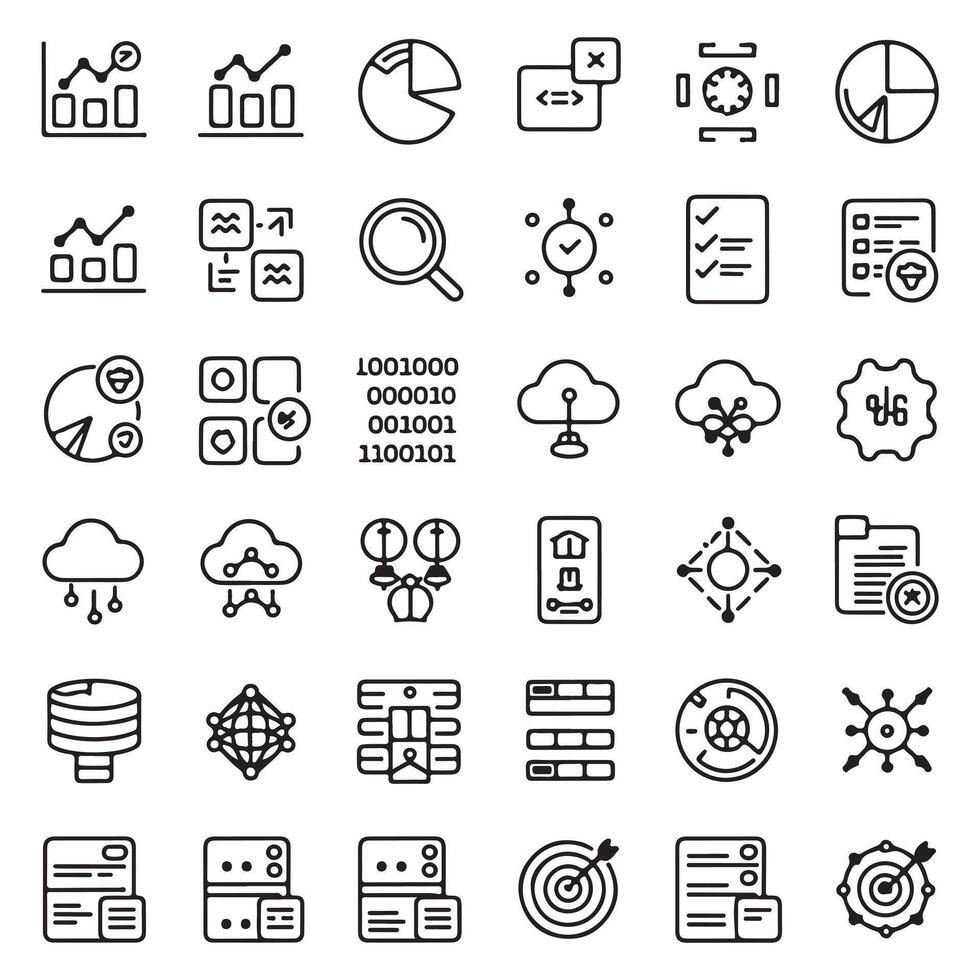 Set of data analytics icons, including graphs, charts, and other items vector