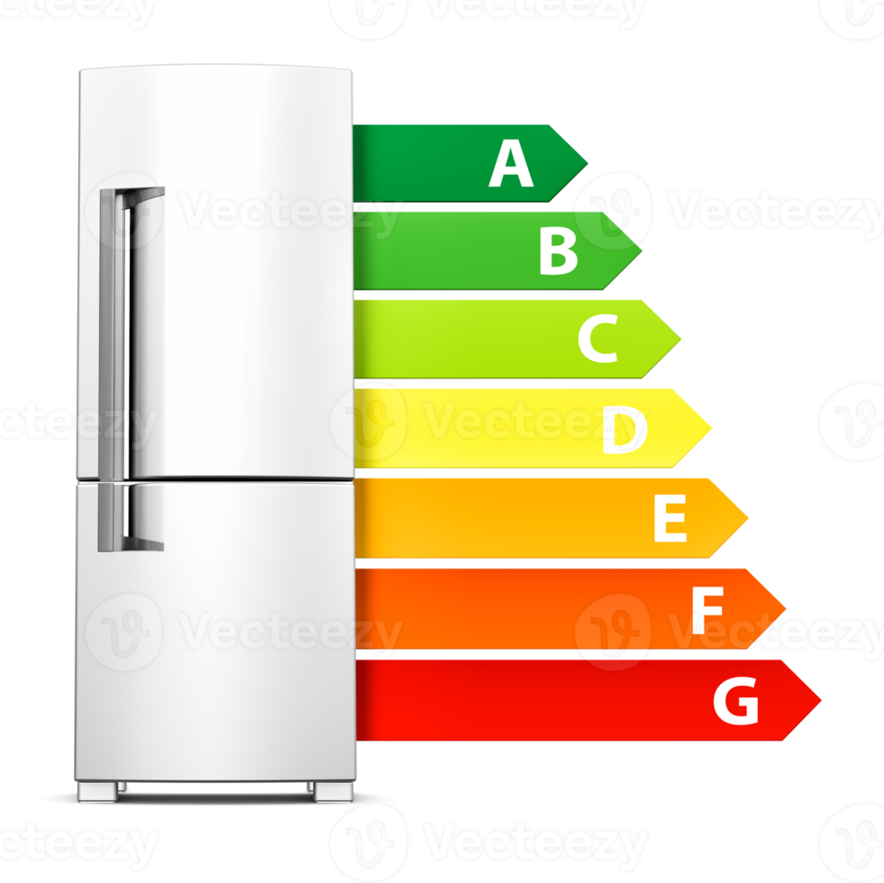 Refrigerator with energy efficiency classes. European Union energy label. Isolated on transparent background png