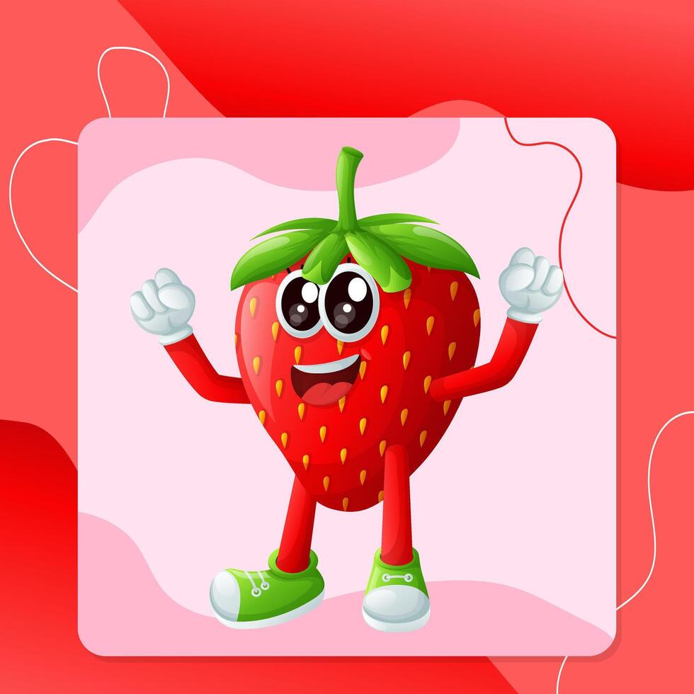 Cute strawberry character making a victory sign with his hand vector