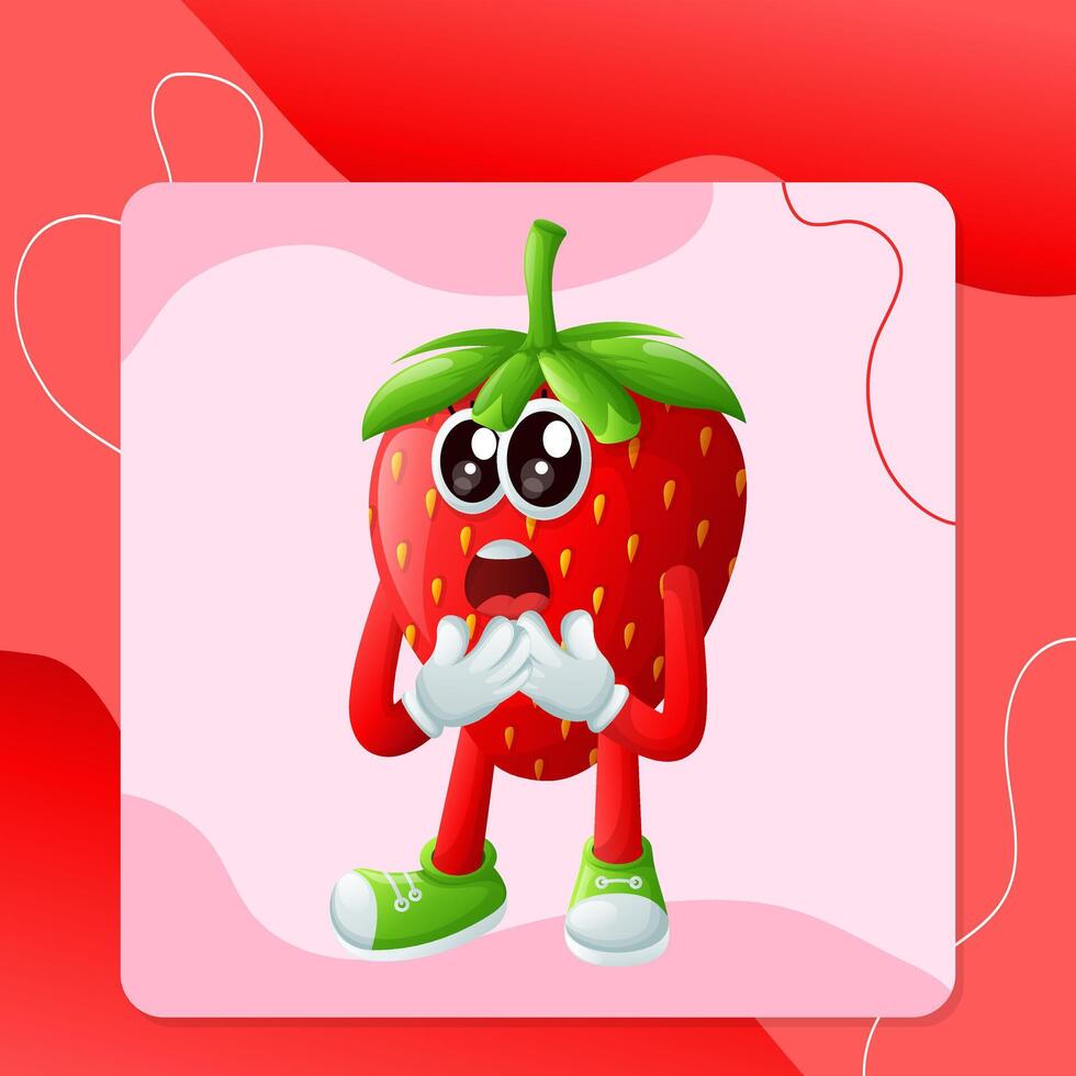 Cute strawberry character with a surprised face and open mouth vector