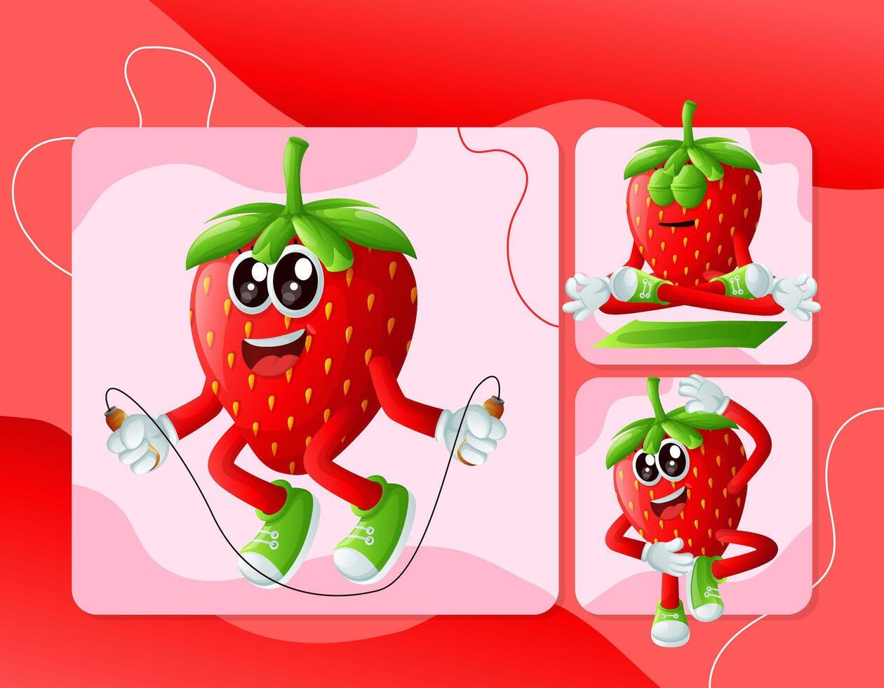 Cute strawberry characters exercising vector