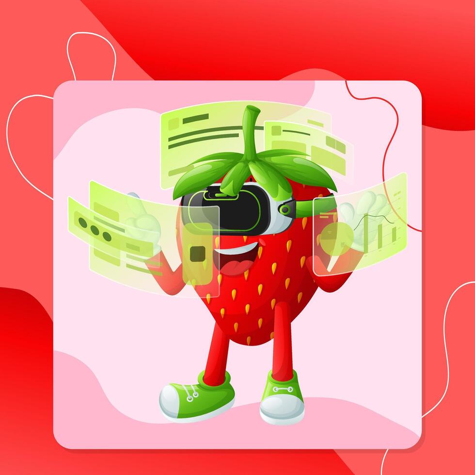 Cute strawberry character in metaverse vector