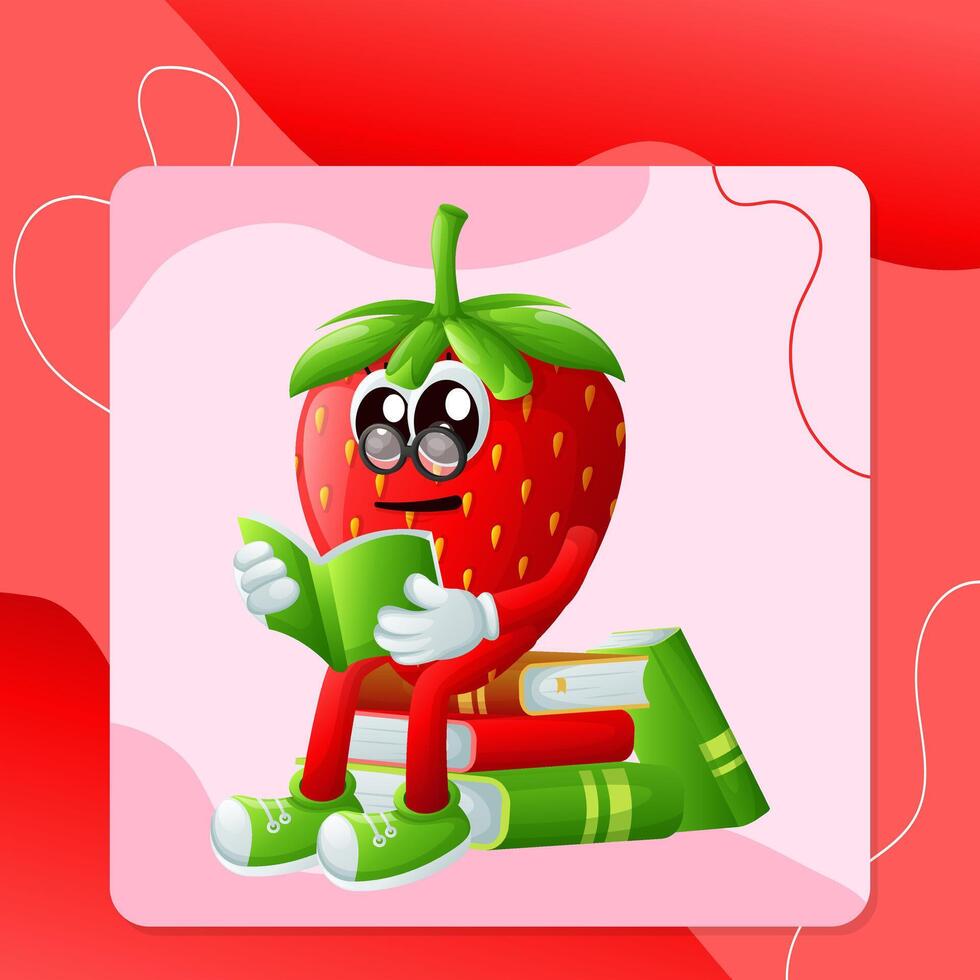 Cute strawberry character wearing glasses and reading a book vector