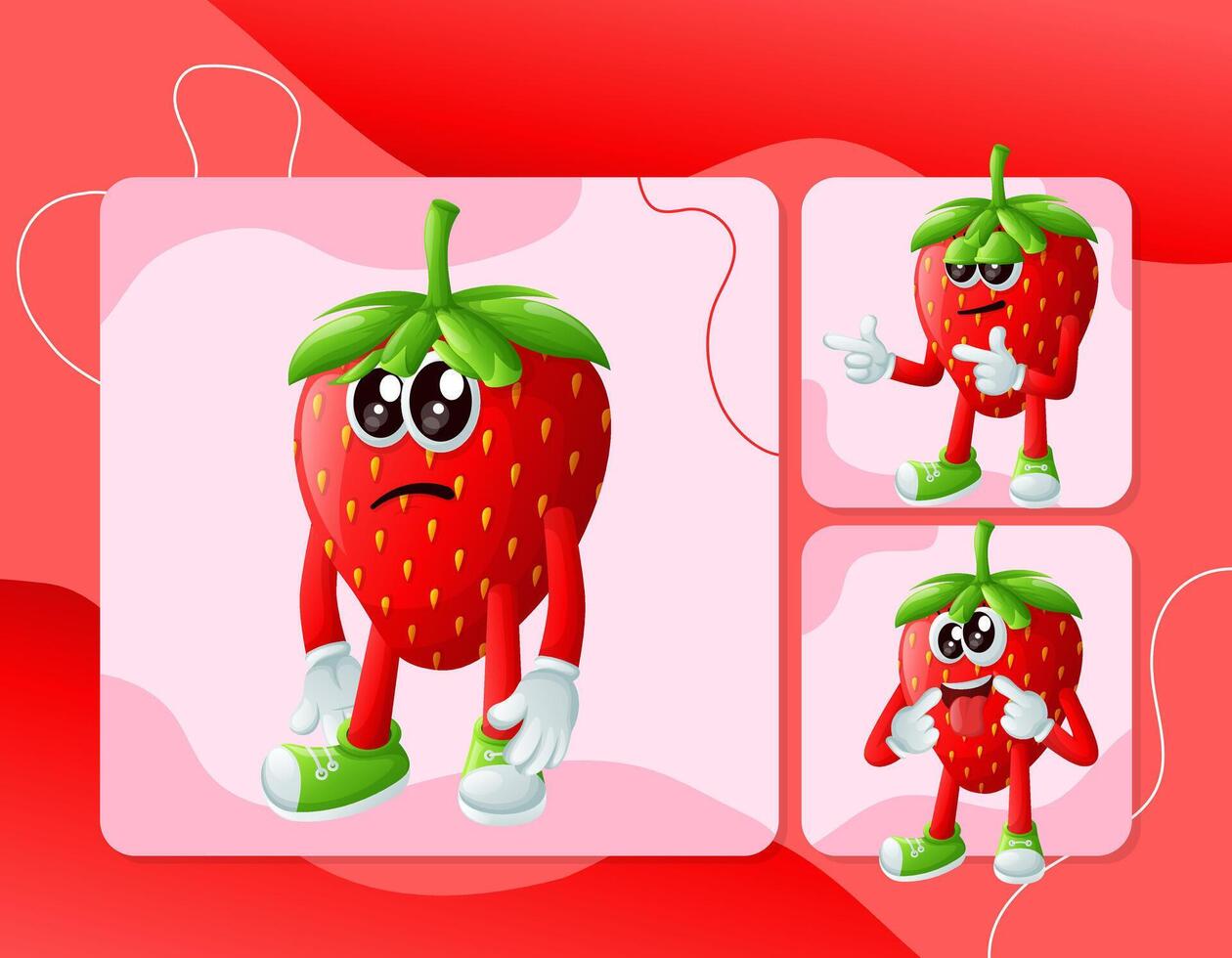 Cute strawberry characters with different facial expressions vector
