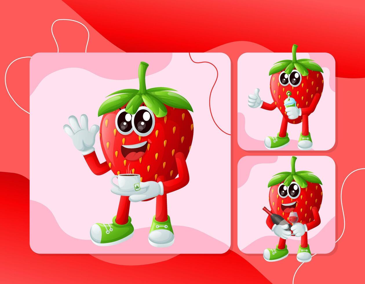 Cute strawberry characters enjoying beverages vector