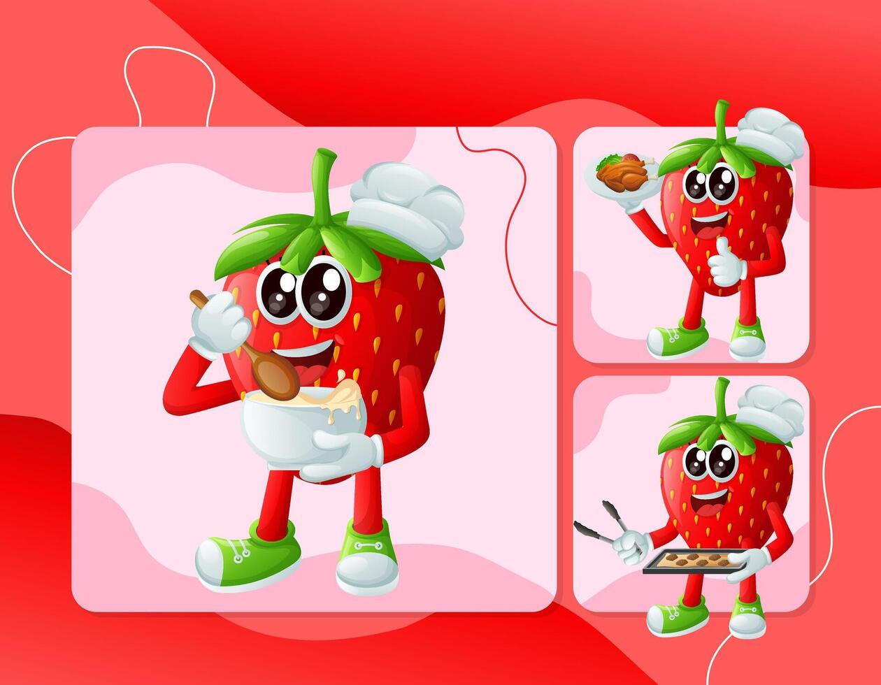 Cute strawberry characters in the kitchen vector