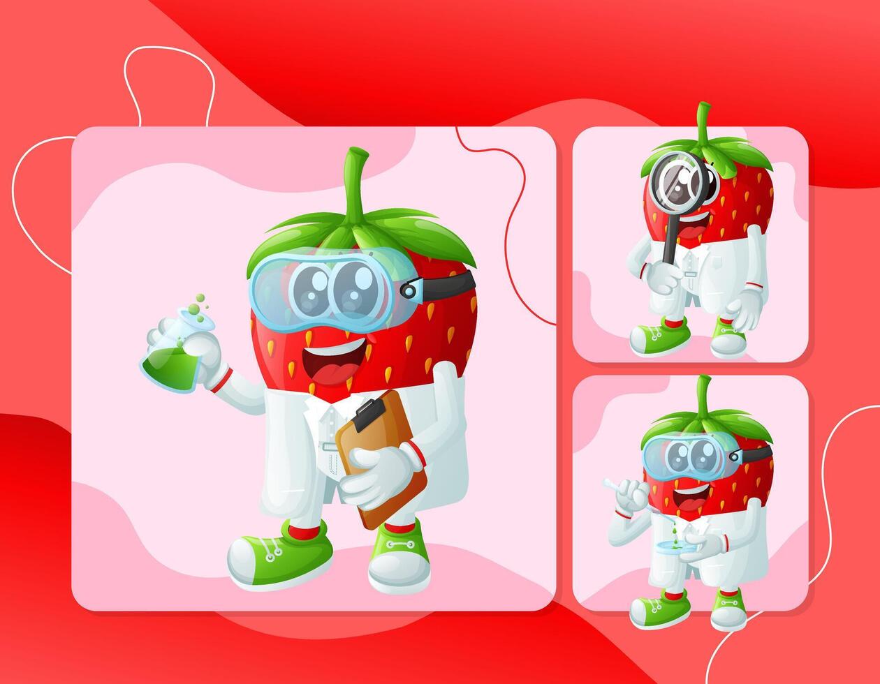 Cute strawberry characters as scientists vector