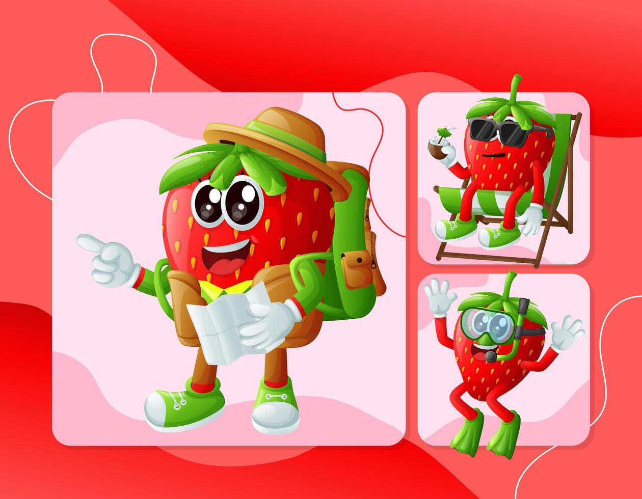 Cute strawberry characters on vacation vector