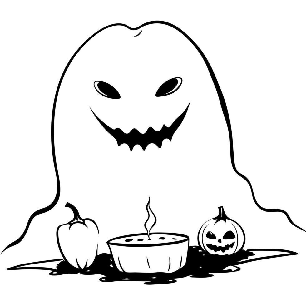 Halloween ghost with pumpkin and pie coloring pages vector