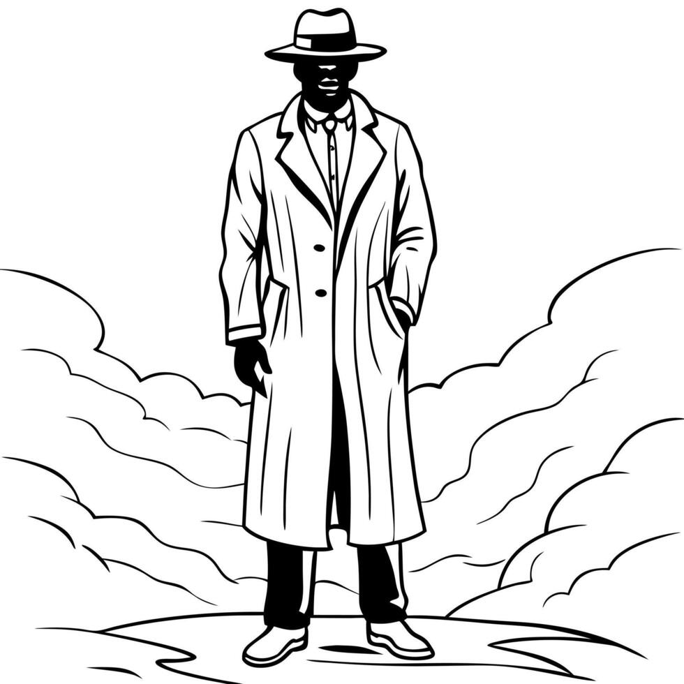 A man in a trench coat and hat standing in the clouds vector