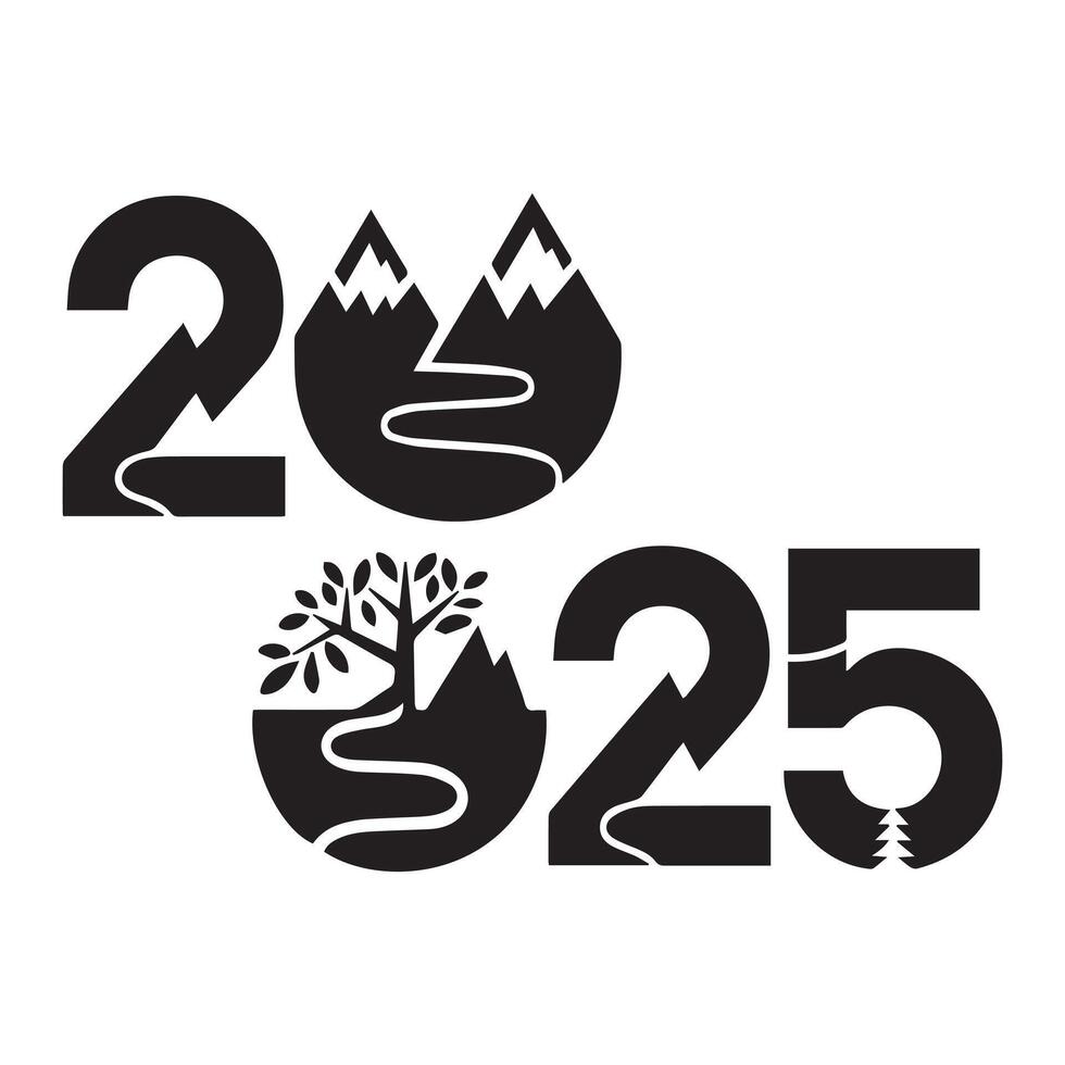 The 2025 calendar is shown with a mountain and trees vector