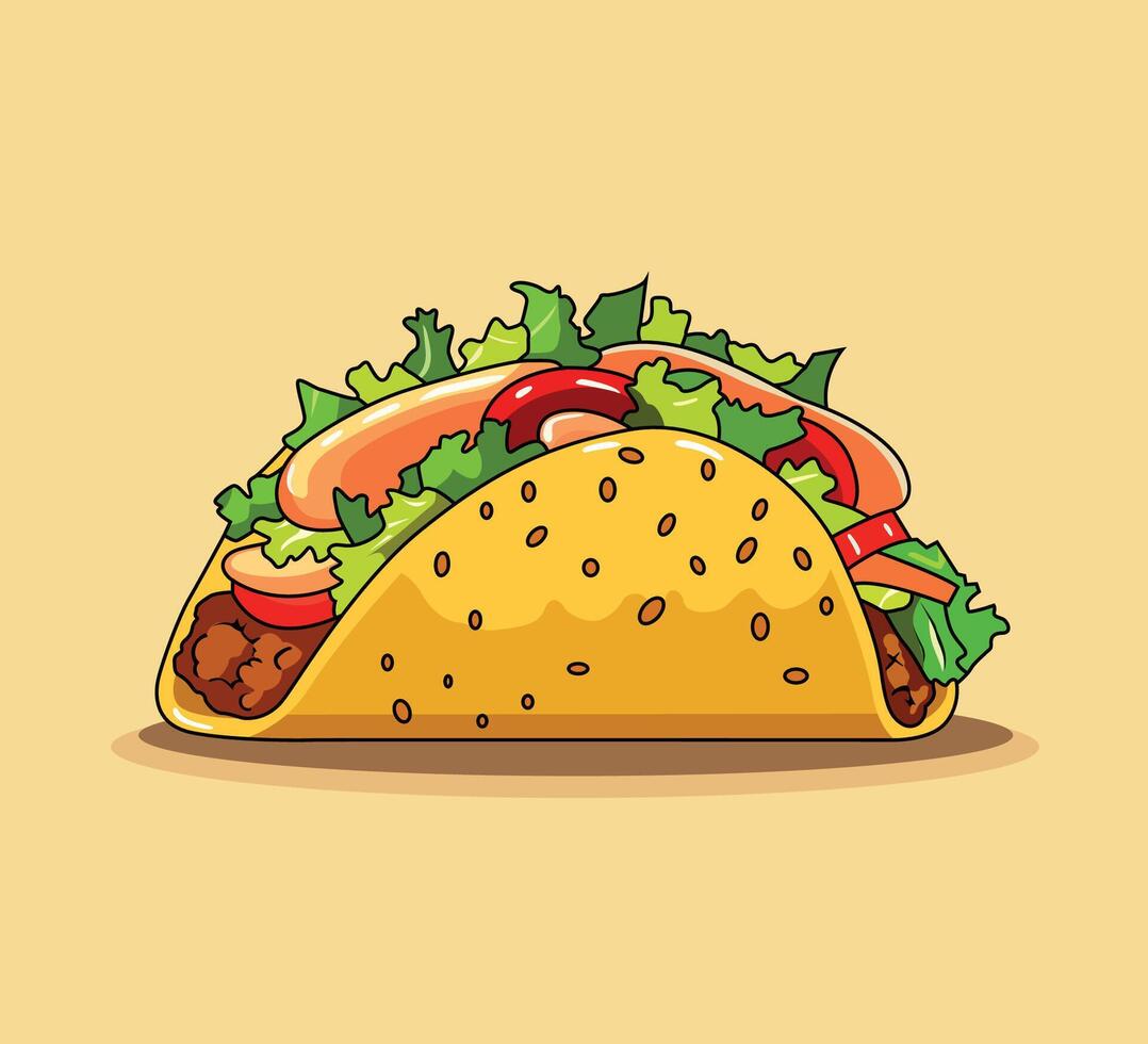 Taco with meat, lettuce, cheese and tomato illustration vector