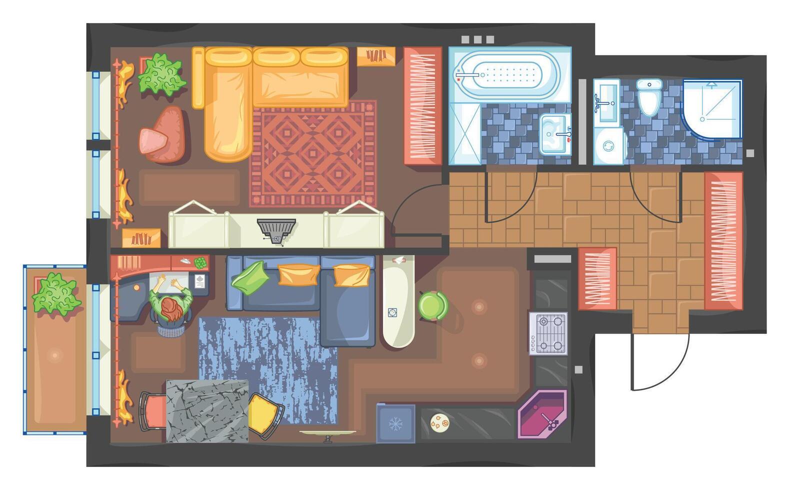 Architectural plan of studio apartment with kitchen and bedroom. Small house in top view. Floor plan with furniture placement. Color drawing of the room, interior design project vector