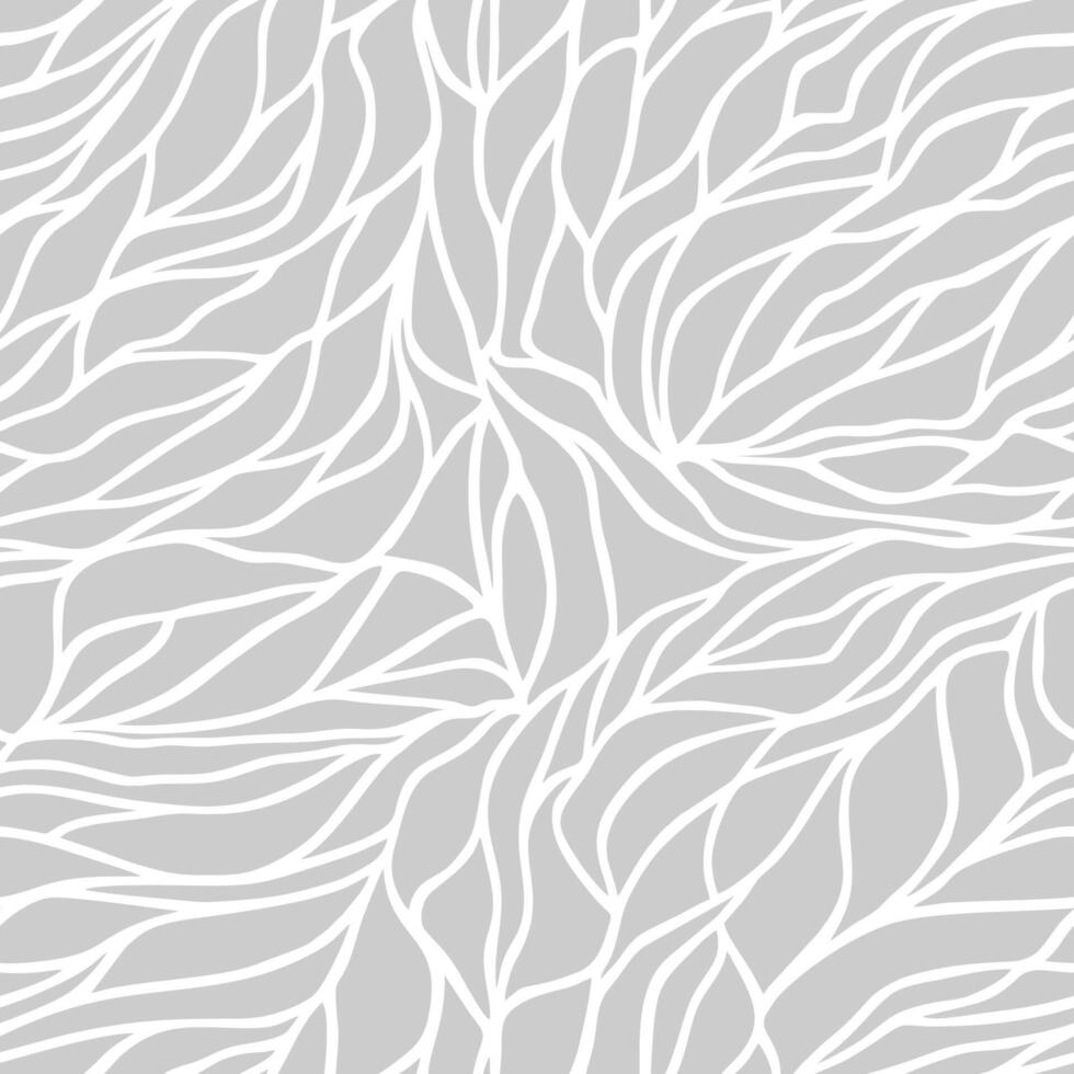 Petals pattern with white wavy lines and scrolls on light gray background. Abstract linear leaves. Art Deco design style. Seamless texture for textile, fabric and wrapping vector