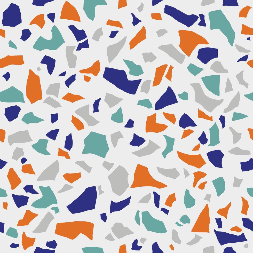 Terrazzo flooring texture. Polished pebble stone tile. Abstract blue and orange color seamless pattern vector