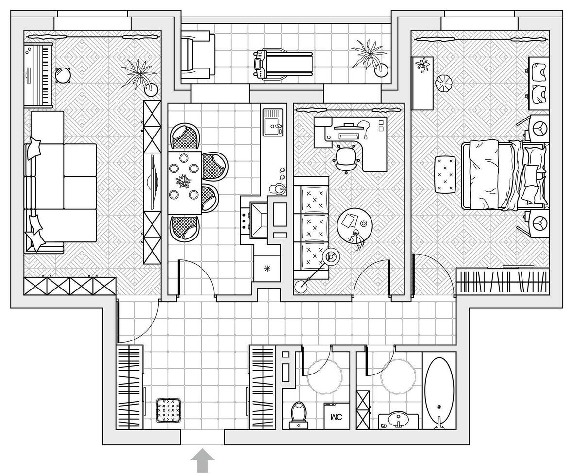 Architectural plan of a house, top view. Layout of the apartment with the furniture in the drawing view. With kitchen and toilet, living room and bedroom. House design. vector