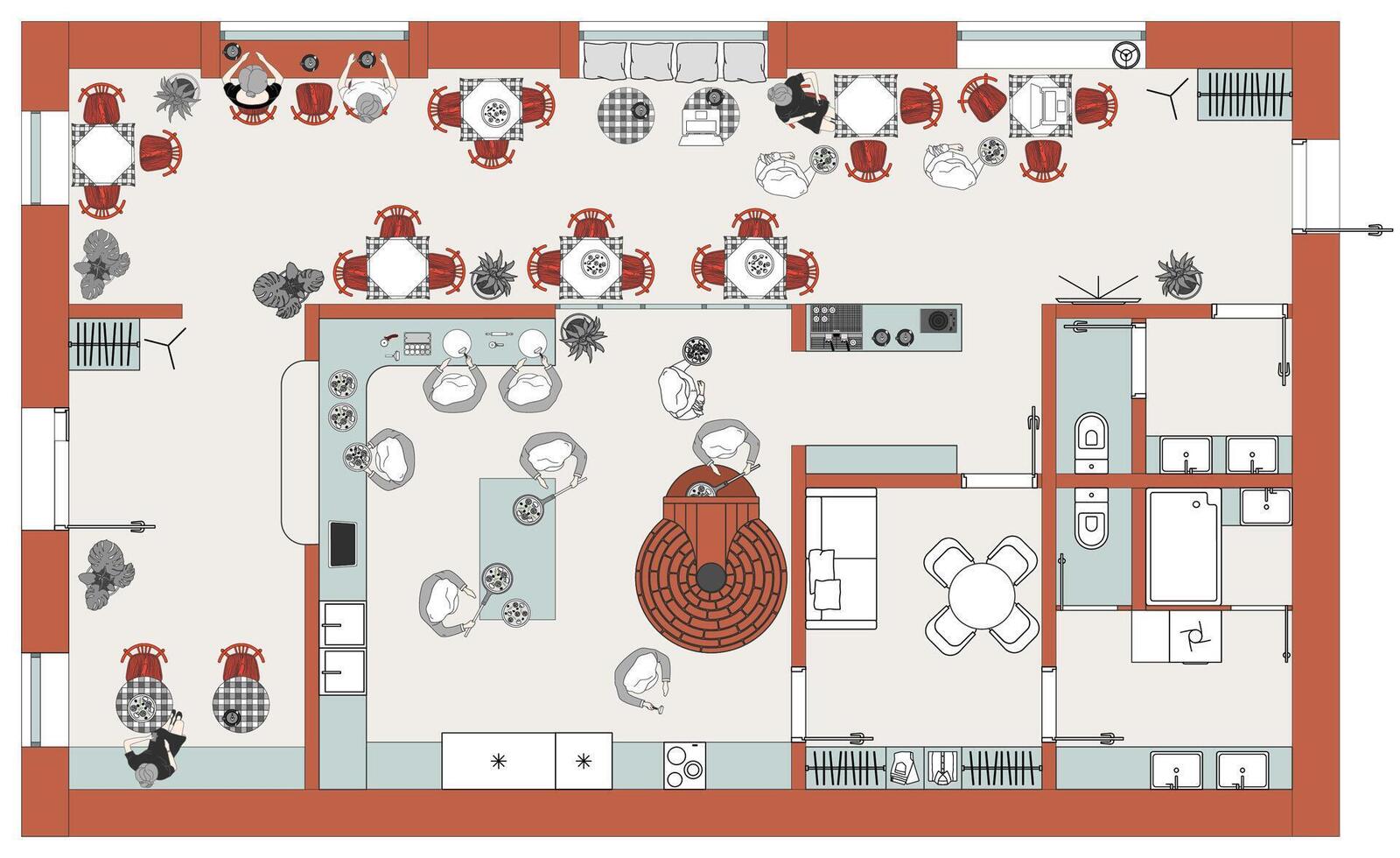 Design project of a restaurant with an open chef kitchen. Dining room layout of the hall and kitchen in the pizzeria. Interior of cafe is a top view with furniture arrangement vector