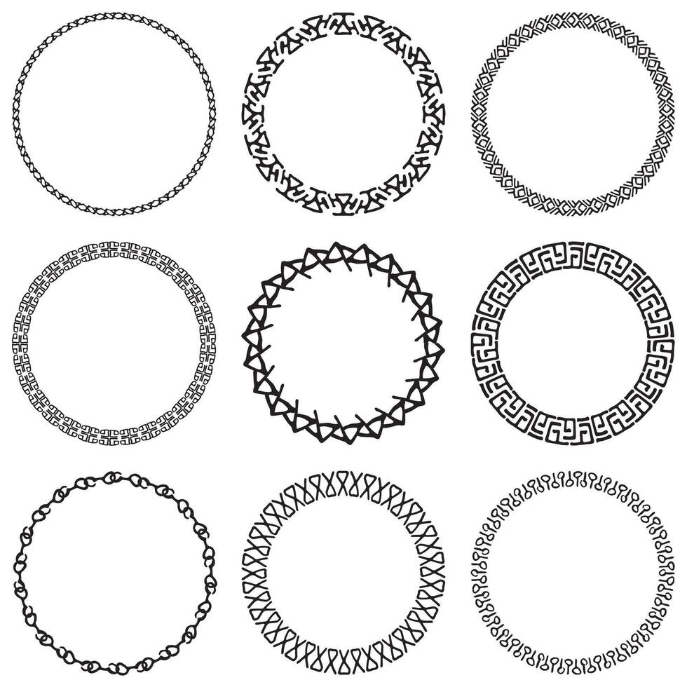 Set of decorative tribal openwork circle frames. Geometric ethnic ornate round border on white background. Mayan style pattern vector