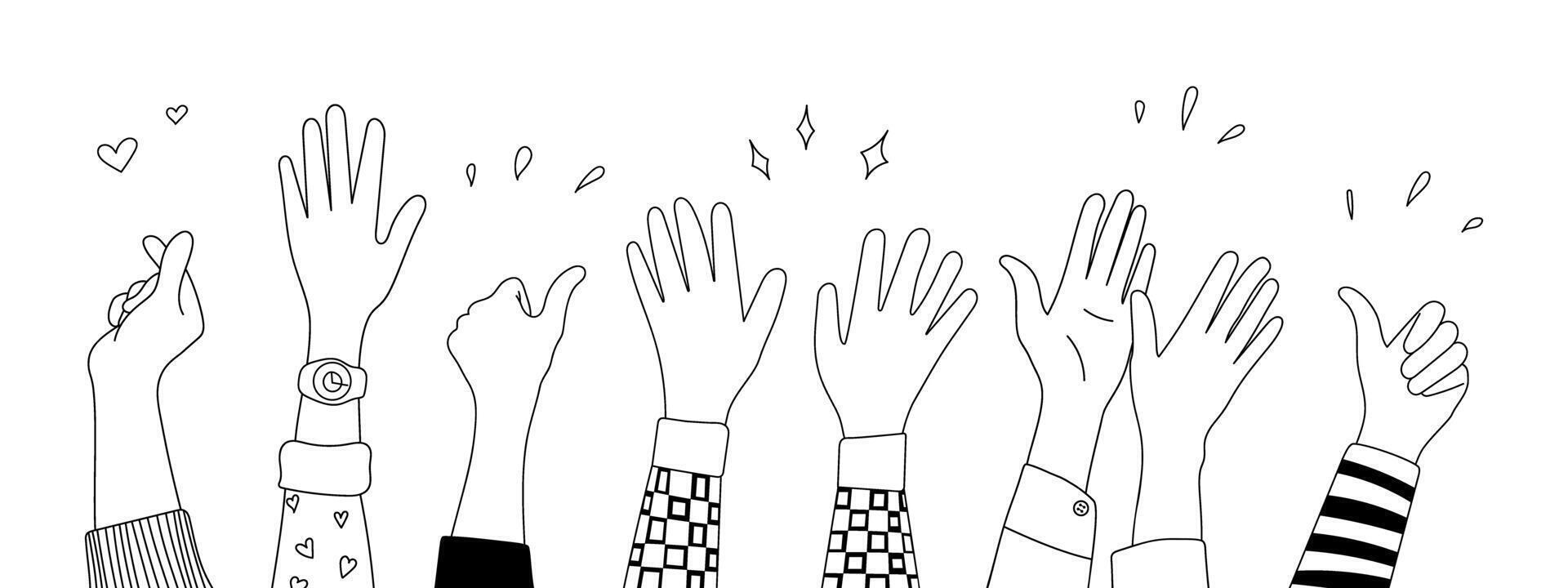 Doodle sketch hands up gestures comic icons silhouettes set on white background. vector