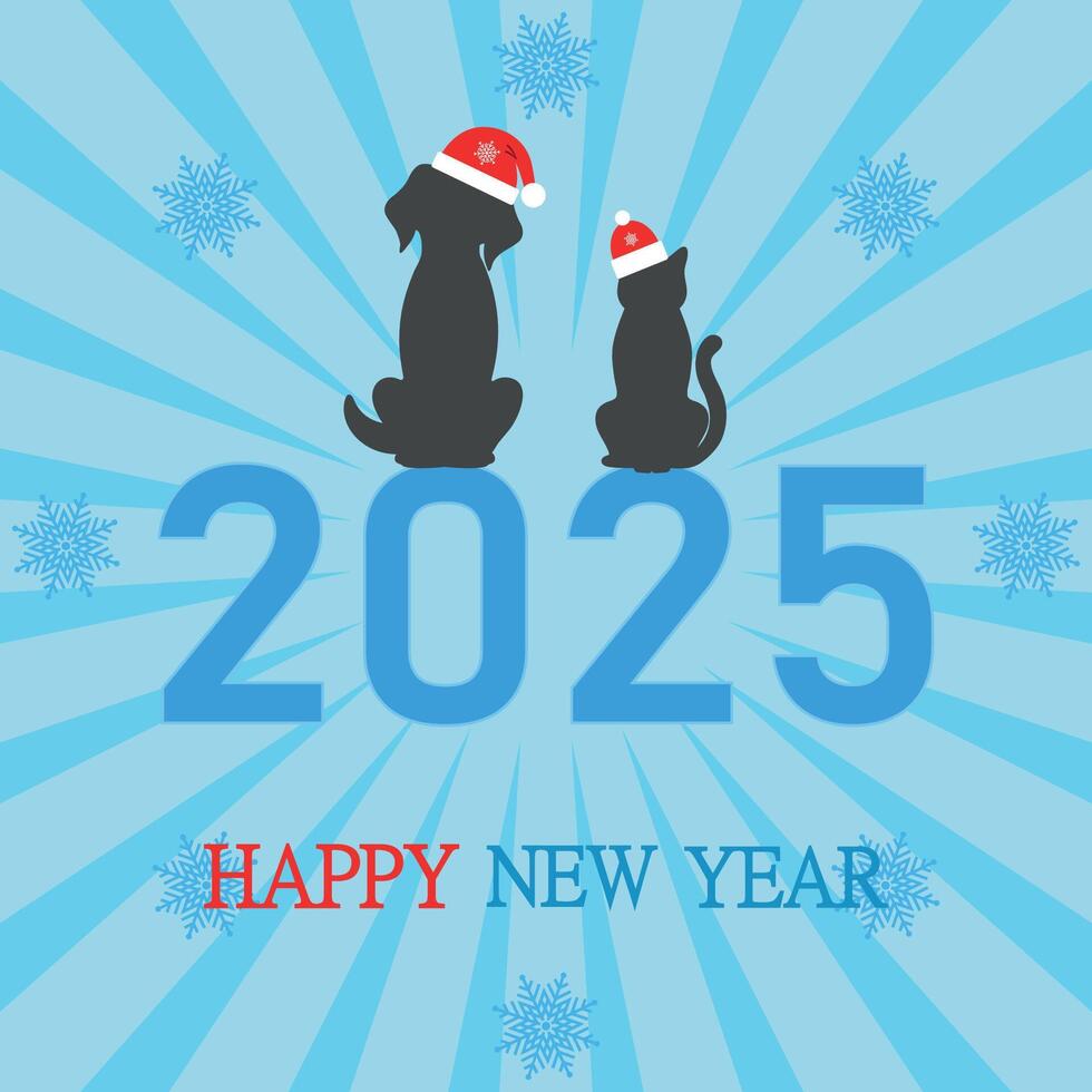 Happy New Year 2025 card with dog and cat vector