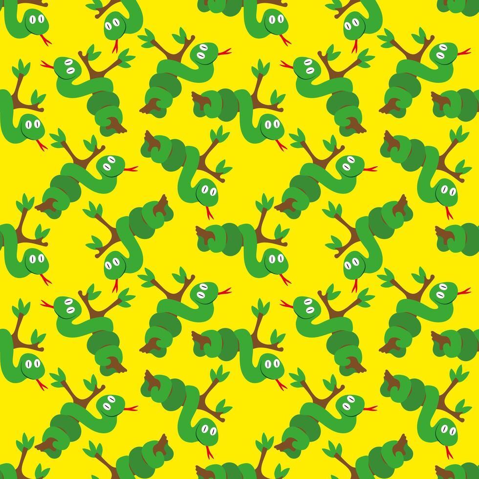 Seamless pattern with identical cartoon snakes on a yellow background. vector